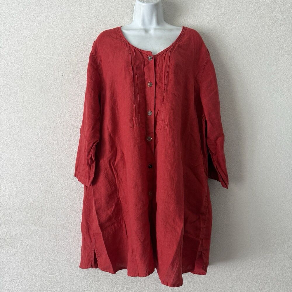CMC Color Me Cotton Red Linen Pintuck Tunic Top Boho Coastal Lagenlook Plus 2X